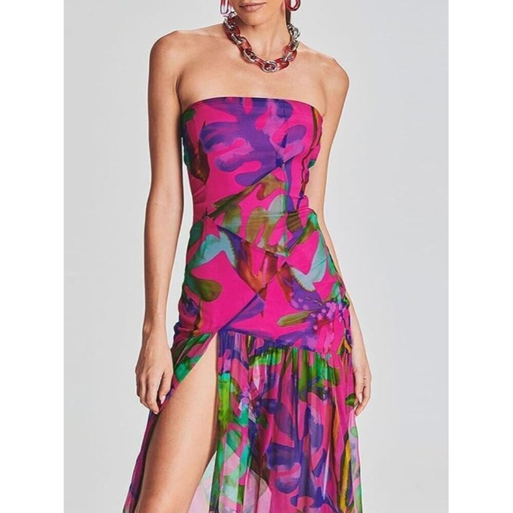 Women Purple Tiger Stripe Mesh Patchwork Maxi Strapless High Slit Long Dresses - Picture 4 of 5